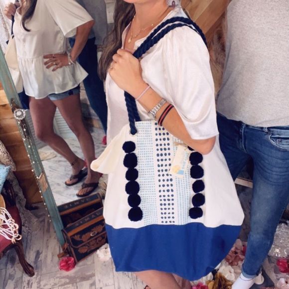 Handbags - Canvas Beach Bag with Pom Poms Nautical Rope Straps and Interior Pocket 💗